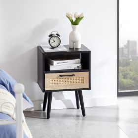 Rattan End Table 15.75 W Drawer   Solid Wood Legs - Modern Nightstand