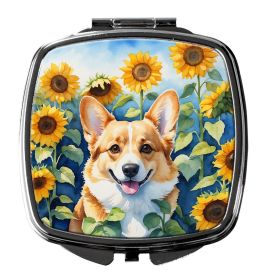 Corgi in Sunflowers Compact Mirror Decorative Travel Makeup Mirror for Women Girls Gifts Pocket Makeup Mirror Folding Handheld