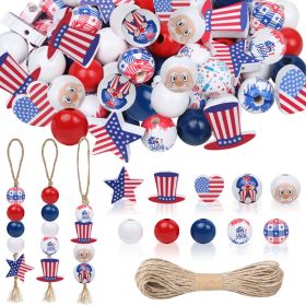 180 Pcs 4th of July Wooden Beads America Stars Heart Shape Spacer Beads Blue Red White Farmhouse Polished Round Beads Patriotic Independence Day Craft