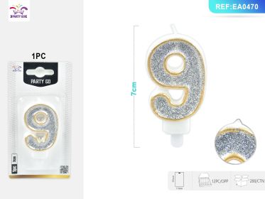 cm 1PCS *12PACK  Gold-Edged Silver Number Candle Luxurious Cake Decoration with Glitter Finish (0-9: 9)