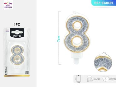 cm 1PCS *12PACK  Gold-Edged Silver Number Candle Luxurious Cake Decoration with Glitter Finish (0-9: 8)