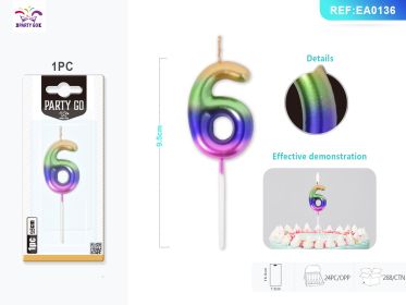 9.5 cm 1PCS *24PACK  Four-Color Gradient Number Candle Gradient Birthday Candle for Magical Cake Decorations (0-9: 6)