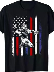 Baseball American Flag Patriotic Catcher 4th Of July T-Shirt (Color: black, size: S)